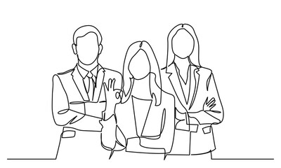 Wall Mural - single line drawing of a group of businessmen and women standing, continuous line drawing of working people together in the office. Business team and teamwork concept. Isolated on a white background.
