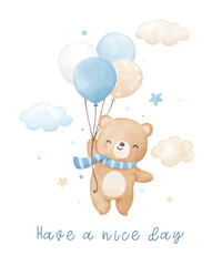 watercolor baby bear with balloon in the sky for nursery kids birthday party