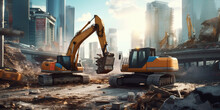 Billboard Construction In The City Demolished By Excavator Background