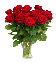 Bouquet Of Blossoming Dark  Red Roses In Vase