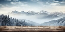 Empty Rustic Old Wooden Boards Table Copy Space With Winter Landscape Background - Snow Covered Land, Mountains And Small Forest. Product Display Template. Generative AI
