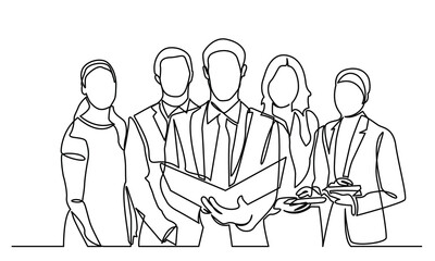 Wall Mural - single line drawing of a group of businessmen and women standing, continuous line drawing of working people together in the office. Business team and teamwork concept. Isolated on a white background.
