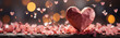Heart, confetti and background for celebration, love or decoration. Background, abstract and banner for valentines day, relationship and engagement with beautiful romantic colours and bokeh