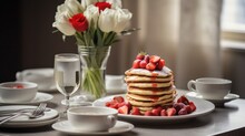 A Romantic Table Set For Valentine's Day Brunch With Flowers, Champagne, And Heart-shaped Pancakes.