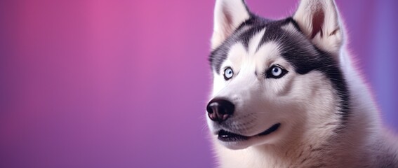 A close-up portrait of a husky dog with blue eyes and a purple background