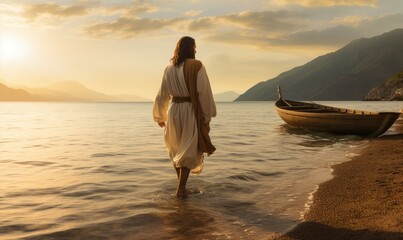 Wall Mural - A Serene Beach Scene With a Jesus Christ in a Robe Embracing the Ocean
