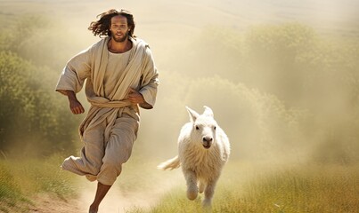 Wall Mural - Jesus Christ in Motion With His Loyal Partner on a Scenic Path