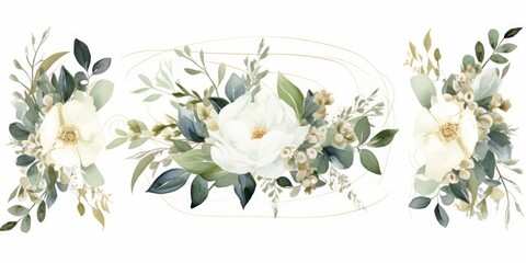 Wall Mural - Watercolor floral illustration set. bouquets, frame, border. White flowers, rose, peony, gold green leaf branches collection. Wedding invites, wallpapers, fashion. Eucalyptus olive, Generative AI 
