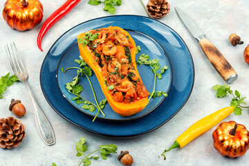 Wall Mural - Roasted pumpkin stuffed with vegetables and shrimp.