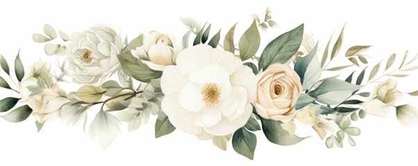 Wall Mural - Watercolor floral illustration bouquet. white flowers, rose, peony, green and gold leaf branches collection. Wedding stationary, greetings, wallpapers, fashion, background. Eucalyptus, Generative AI 
