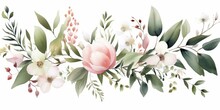Watercolor Floral Illustration Bouquet Set. Green Leaves, Pink Peach Blush White Flowers Branches. Wedding Invitations, Greetings, Wallpapers, Fashion, Prints. Eucalyptus, Olive, Peony, Generative AI 