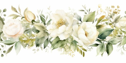 Wall Mural - Watercolor seamless border. illustration with green gold leaves, white flowers, rose, peony and branches for wedding stationary, greetings, wallpapers, fashion, backgrounds, wrappers, Generative AI 