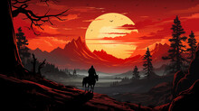 Cowboy On A Horse On The Sunset Background