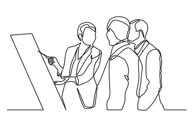 Wall Mural - Continuous line drawing of a businesswoman discussing in the office meeting room and showing the board. discussion in a conference room. Concept of Business meeting and presentation.