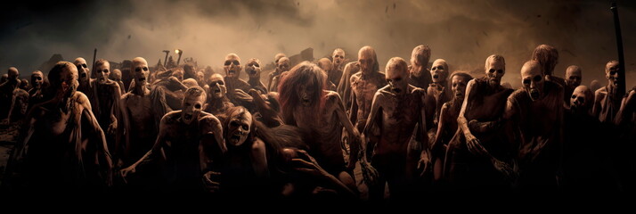 Fototapeta apocalypse fantasy scene hroup of zombie walking. halloween concept generative ai