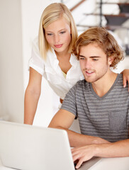 Poster - Laptop, smile and research with a young couple in their apartment for planning or ecommerce together. Computer, bank or wealth management with a happy man and woman in their home for money growth