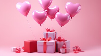 Poster - Colorful heart-shaped balloons and present against a pink background