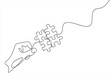 © nikvector - Continuous one line drawing of hand and puzzle. Business matching - connecting puzzle elements. Puzzle game symbol and iconic business metaphor for problem solving, solution and strategy.