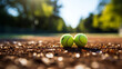 © Impress Designers - Close up of tennis ball on clay court. Tennis ball on ground.Ai