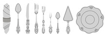 Fancy Silver Cutlery Set With Table Knife, Spoon, Fork, Napkin, Dessert, Tea. Various Shapes. Vintage Style. Restaurant, Dinner Concept. Hand Drawn Modern Vector Illustration Isolated On Background