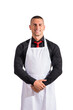 © theartofphoto - Attractive chef or waiter posing, wearing white apron and black shirt isolated on white background, in studio shot