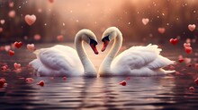 Animal, wildlife, love and fantasy concept. Two white swans in love swimming in lake. Swans making heart shape from necks in dreamlike and magical background with copy space