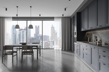 Dark blue home kitchen interior dinner table and traditional cabinet, window