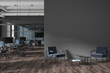 Gray and blue open space office with armchairs