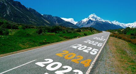 Wall Mural - 2024 New Year road trip travel and future vision concept . Nature landscape with highway road leading forward to happy new year celebration in the beginning of 2024 for bliss and successful start .