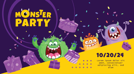 Wall Mural - Monster Party Banner Template with Funny Monsters. Happy Birthday Greeting or Invitation Design Template for Anniversary in Cartoon Style. Vector Illustration.
