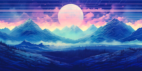 Wall Mural - Cyberpunk sci fi synthwave landscape with mountains and moon, blue, wide banner background