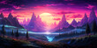 Vivid neon colorful vaporwave synthwave fantasy retro landscape with forest and mountains, wide banner background