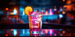 Vibrant drink radiates under neon bar lights