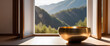Tibetan singing bowls on a sunny window overlooking green mountains, relaxing meditation, Generative Ai
