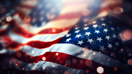 Festive salute, fireworks against the background of the flag of the United States of America.