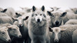 a dark grey wolf in a flock of white sheeps with clean background --ar 16:9 --v 5.2 Job ID: 275164bd-187a-4ac4-a69f-b7f51be23e6c