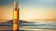 skincare product lying in golden waters, there is no text on the product, it is a clean minimalistic little bottle --ar 16:9 --v 5.2 Job ID: b515bc18-3e78-410a-8bd0-1189e9fc7edd