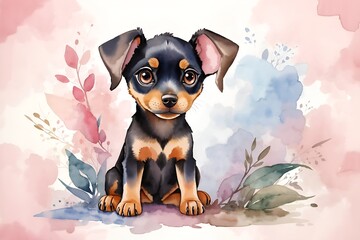 Wall Mural - adorable, cute, funny, soft doberman dog in watercolor with big eyes, kids illustration	