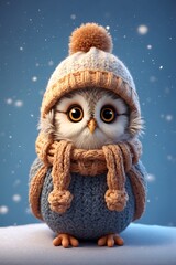 cute little owl wearing knitted winter hat. huge big round eyes. snowflakes around cartoon style.	