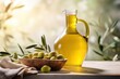 Crystal-clear glass jug of olive oil soft sunlight with a bowl of fresh olives, serene greenery,