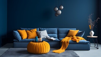 Wall Mural - Two knitted poufs near dark blue corner sofa. Scandinavian home interior design of modern living room.