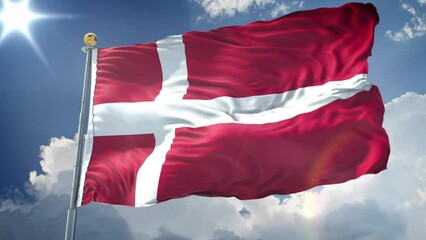 Wall Mural - Denmark animated flag in the wind with blue sky
