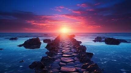 Sunrise on reef coast with the path of the stone blocking the way to sunrise , below the water surface smooth waves blue sea make this place more beautiful and romantic.