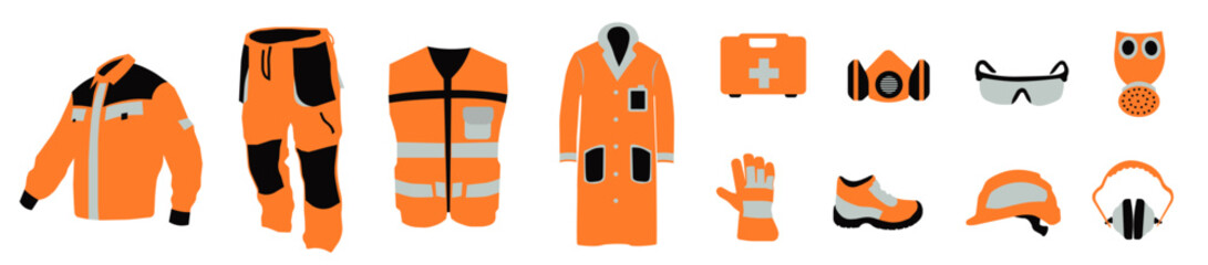 Work uniform. Professional protective clothing, boots and safety helmet. Various items of special protective clothing.