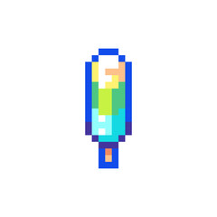 Sticker - Pixel art Popsicle Ice Cream Icon. Vector Pixel 8bit Frozen Dessert. 80s 90s Retro Game Decor. Pixelated Sticker Illustration on white background.	