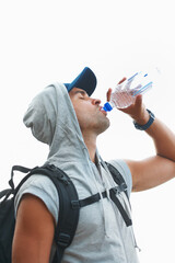 Poster - Person, hiking and drinking water in nature rest for fitness, exercise and workout in Brazil mockup space. Hiker, athlete and man with liquid bottle for summer sports break, electrolytes and wellness