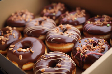 Doughnuts in a delivery box, Frosted Glazed colorful icing doughnuts with sprinkles, Sweet tasty American dessert bakery party birthday celebration