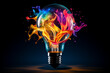 Creative light bulb explodes with colorful paint and splashing 