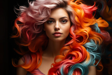 Woman with colorful hair and black background is shown in this image.