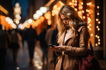 Poster - Woman in trench coat looking at her cell phone while walking down street.